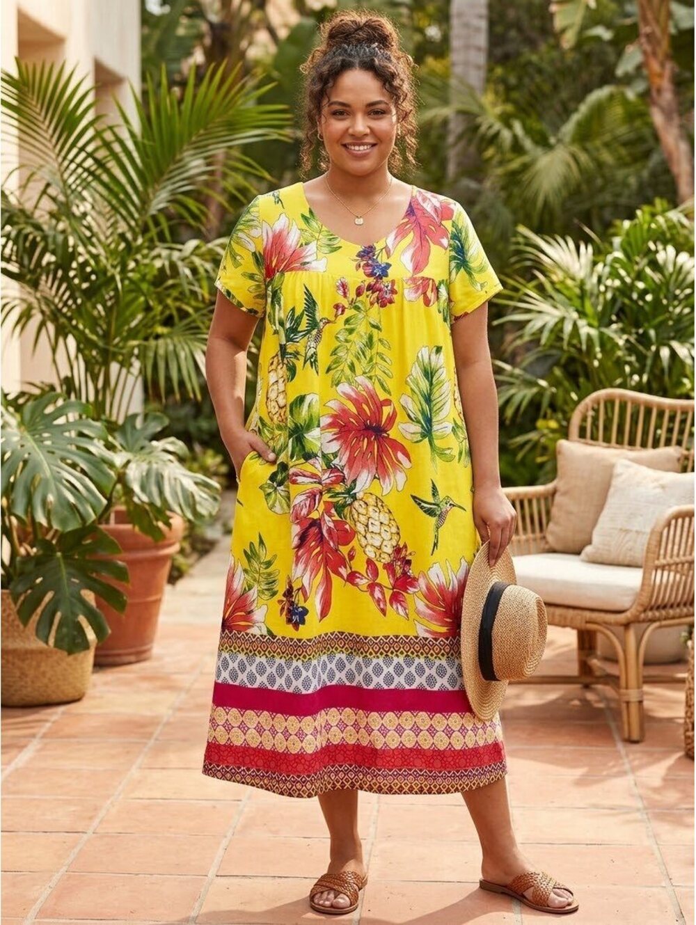Only Necessities Yellow Tropical Print Midi Dress Size L